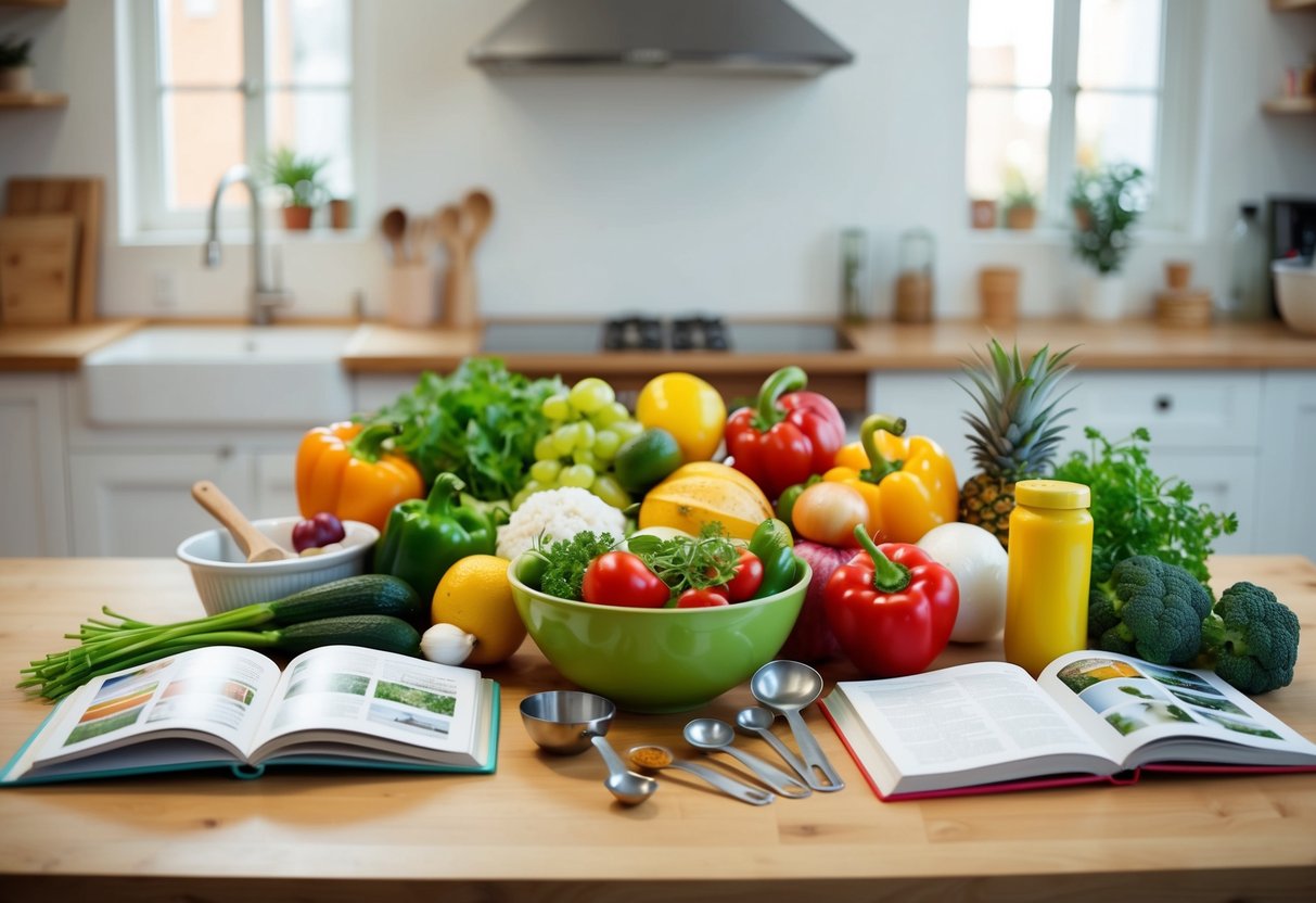 A colorful array of fresh ingredients arranged on a kitchen counter, surrounded by open cookbooks, measuring spoons, and a mixing bowl