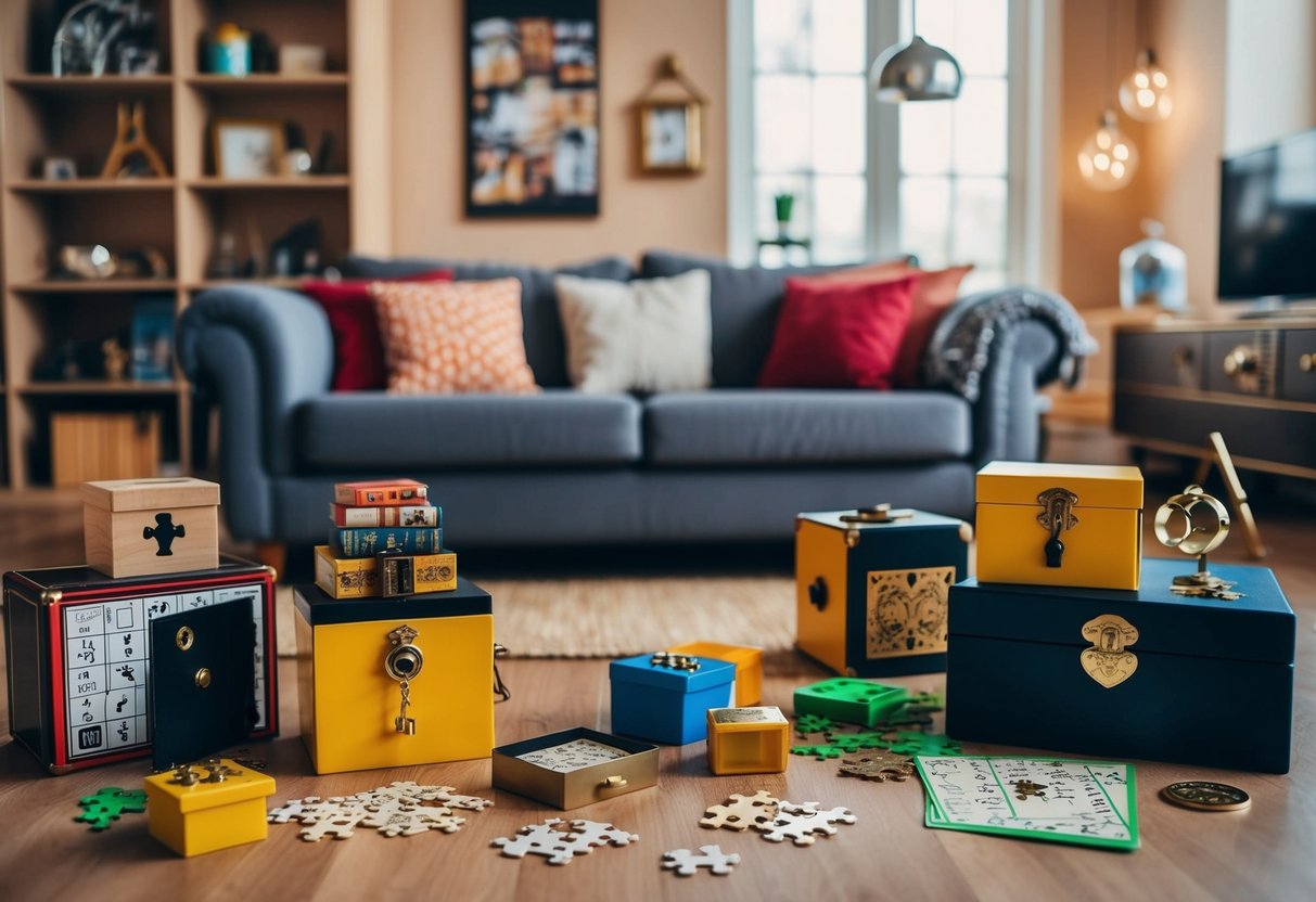 A cozy living room with various puzzles and props scattered around, including locked boxes, cryptic clues, and hidden compartments