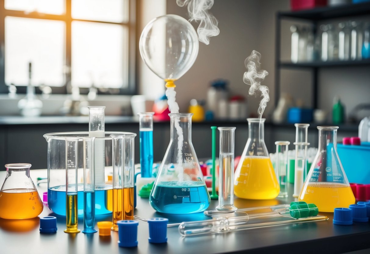 A table covered in colorful beakers, test tubes, and various science equipment. Smoke rises from a bubbling flask as a balloon inflates from a chemical reaction