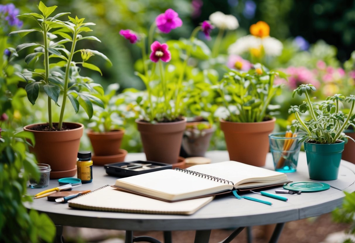 A cozy outdoor garden setting with a table, journal, and art supplies scattered around. Plants and flowers in various stages of growth fill the background