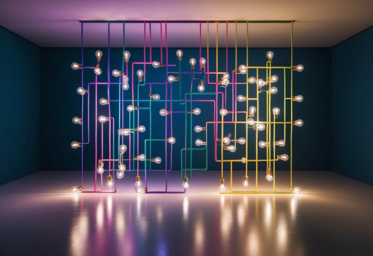 A colorful maze of interconnected lightbulbs illuminating a dark room, each bulb representing a different creative challenge