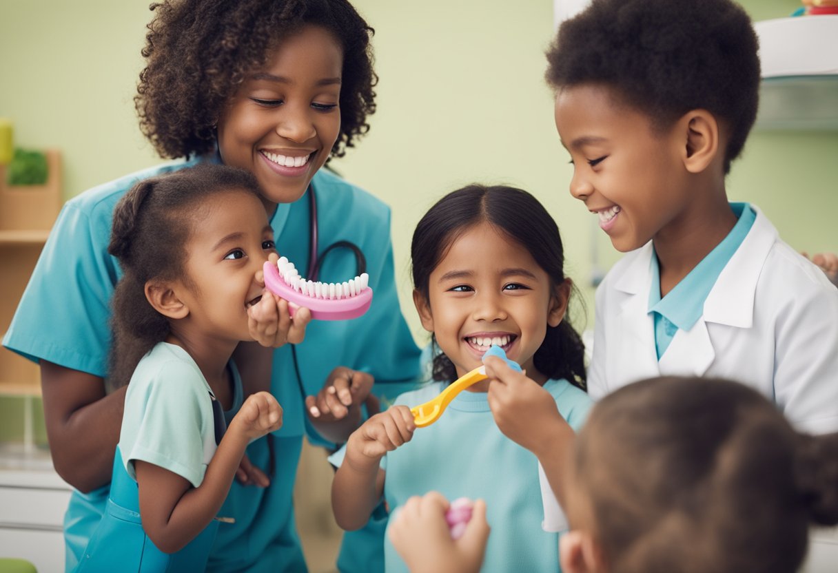 A group of preschoolers gather around a large toothbrush and tooth model, demonstrating proper brushing techniques. A dental hygienist guides the children through the activity, emphasizing the importance of dental health