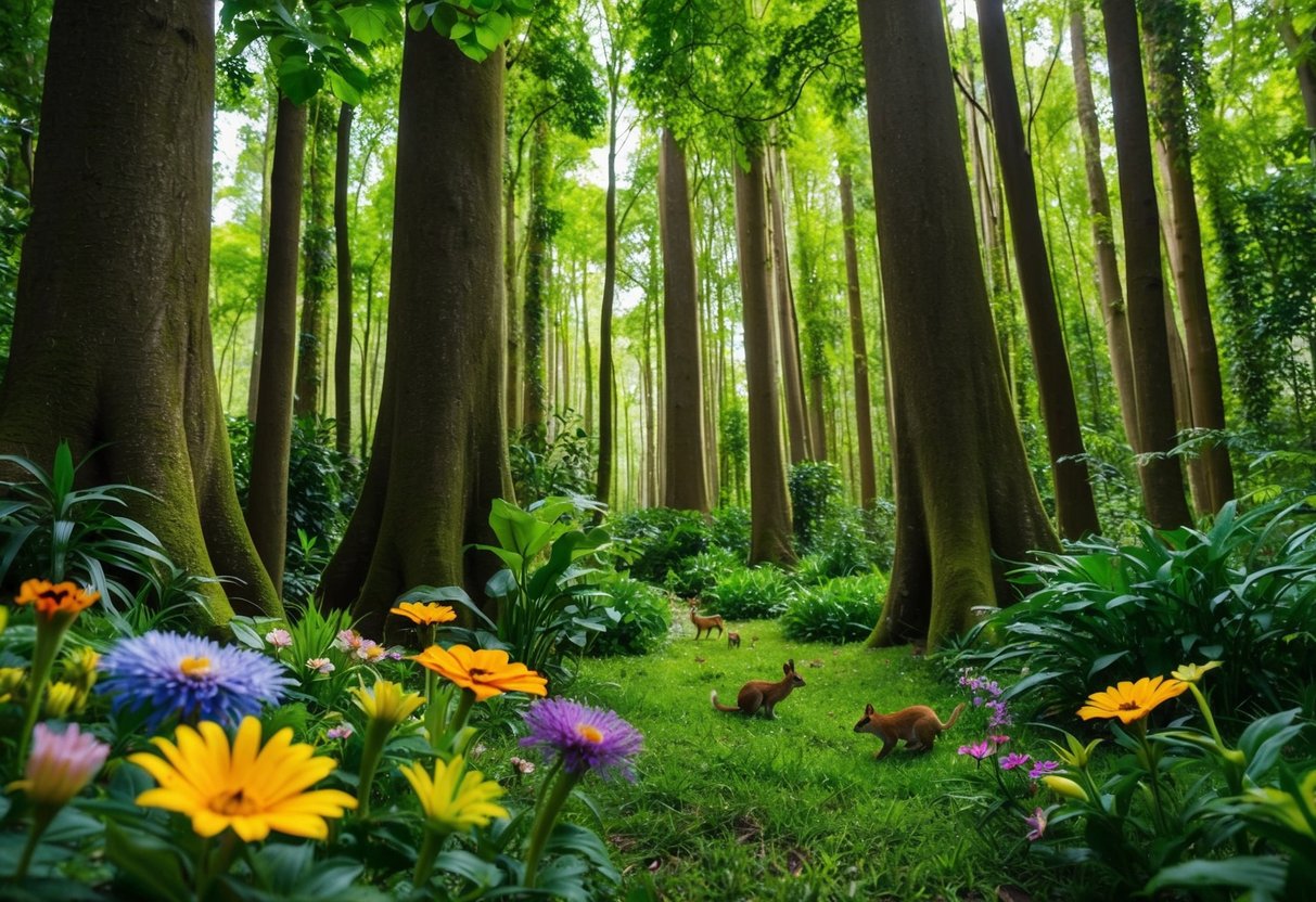 A lush forest with a variety of flora and fauna, including colorful flowers, towering trees, and small animals scurrying about