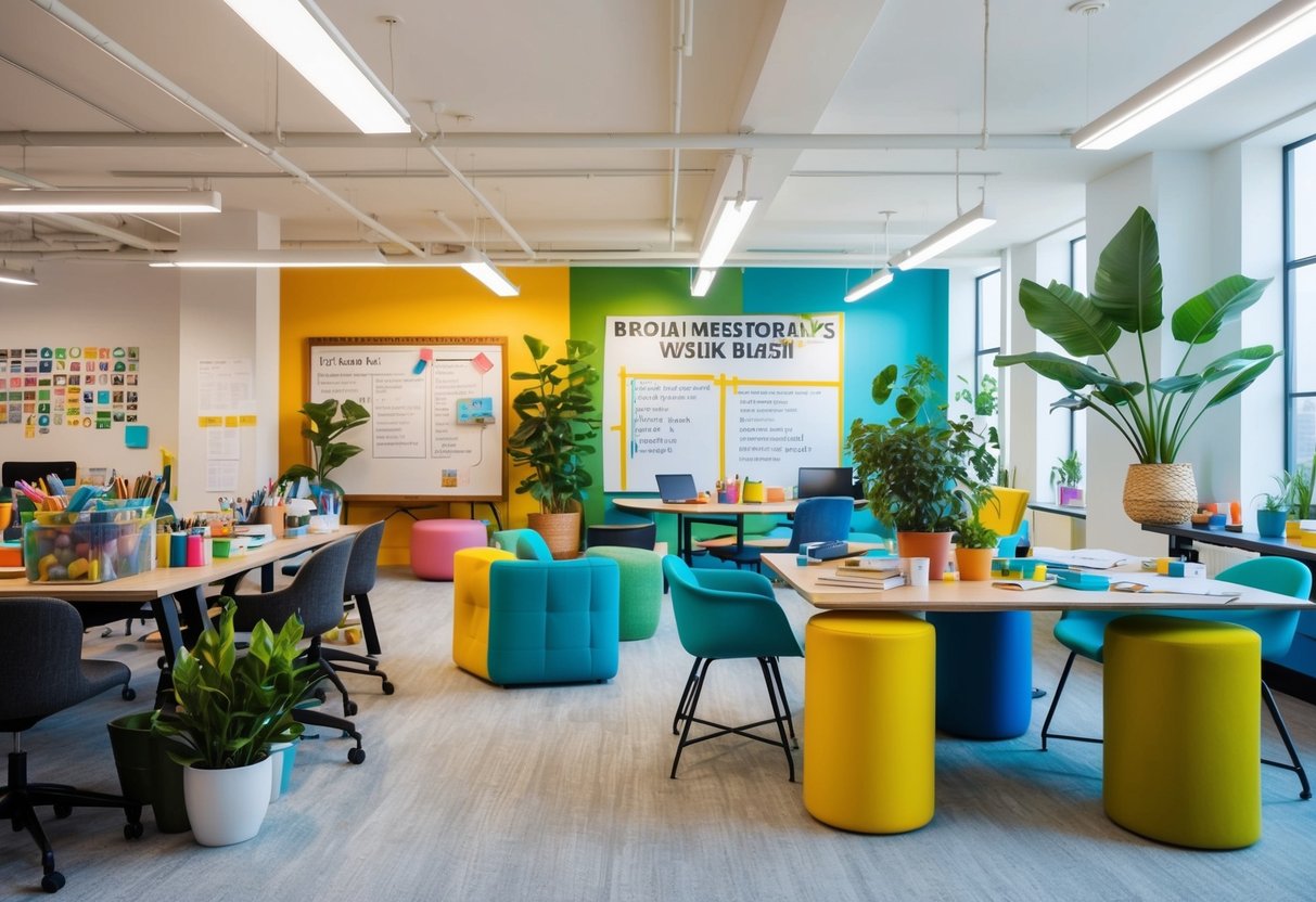 A colorful, open space with diverse art supplies, plants, natural light, and collaborative work areas. A brainstorming board and inspirational quotes adorn the walls