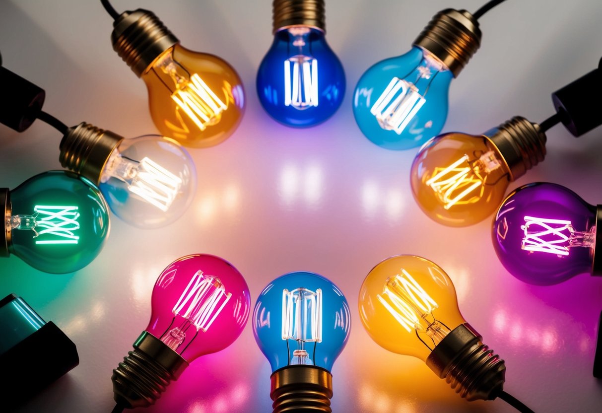 A group of colorful light bulbs arranged in a circle, each one shining with a unique and vibrant glow, symbolizing diverse thinking and originality