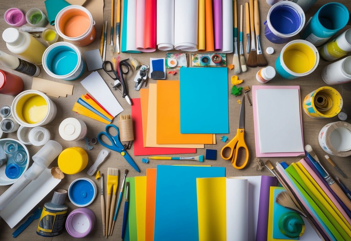 A colorful array of paint, paper, fabric, and found objects arranged on a table, surrounded by brushes, scissors, and glue. A burst of creativity and innovation awaits