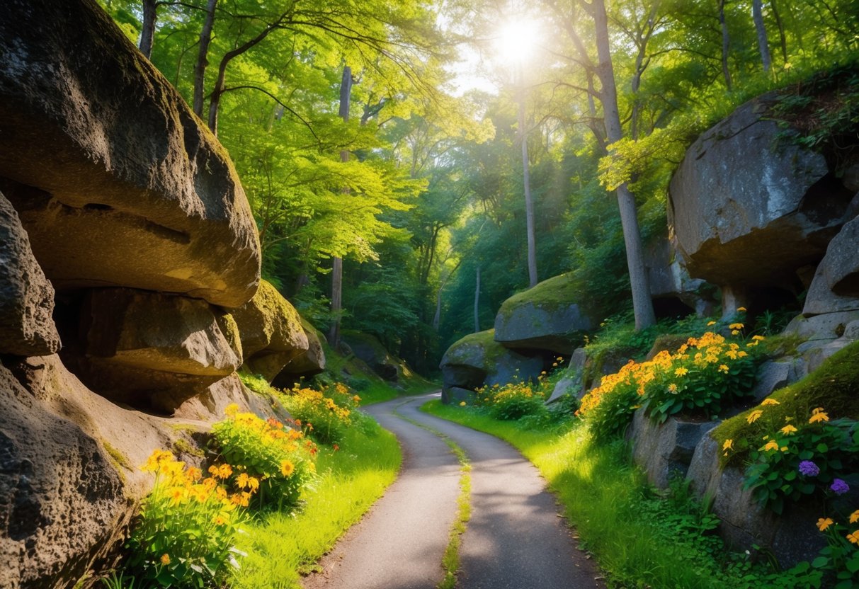 A winding path leading through a lush forest, with colorful flowers and intriguing rock formations along the way. Sunlight filters through the trees, illuminating hidden nooks and crannies