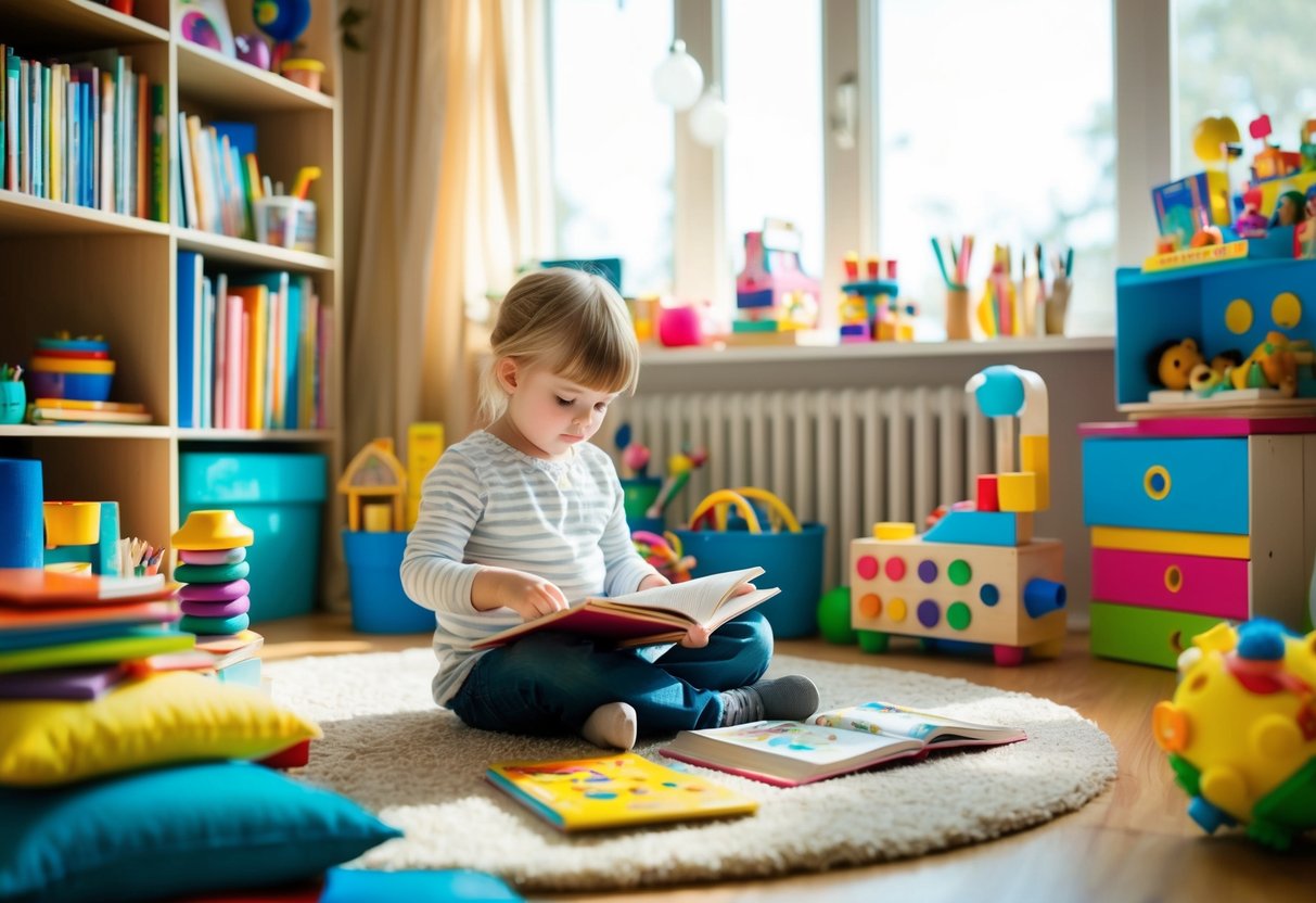 A cozy, sunlit room filled with colorful books, art supplies, and a variety of imaginative toys. A child sits on a soft rug, engrossed in a book, surrounded by creativity-inspiring objects