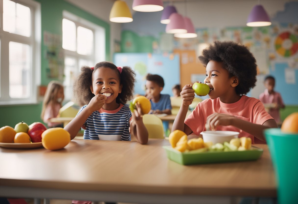 Children brushing teeth, eating fruits and vegetables, and learning about healthy snacks in a colorful classroom setting