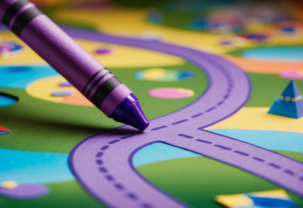 A purple crayon draws a winding path through a surreal landscape of imaginative creations