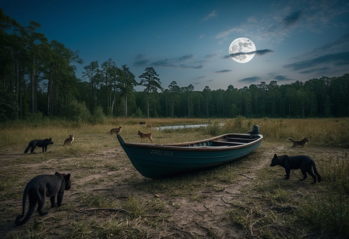 A forest clearing with a boat, wild creatures, and a moonlit sky