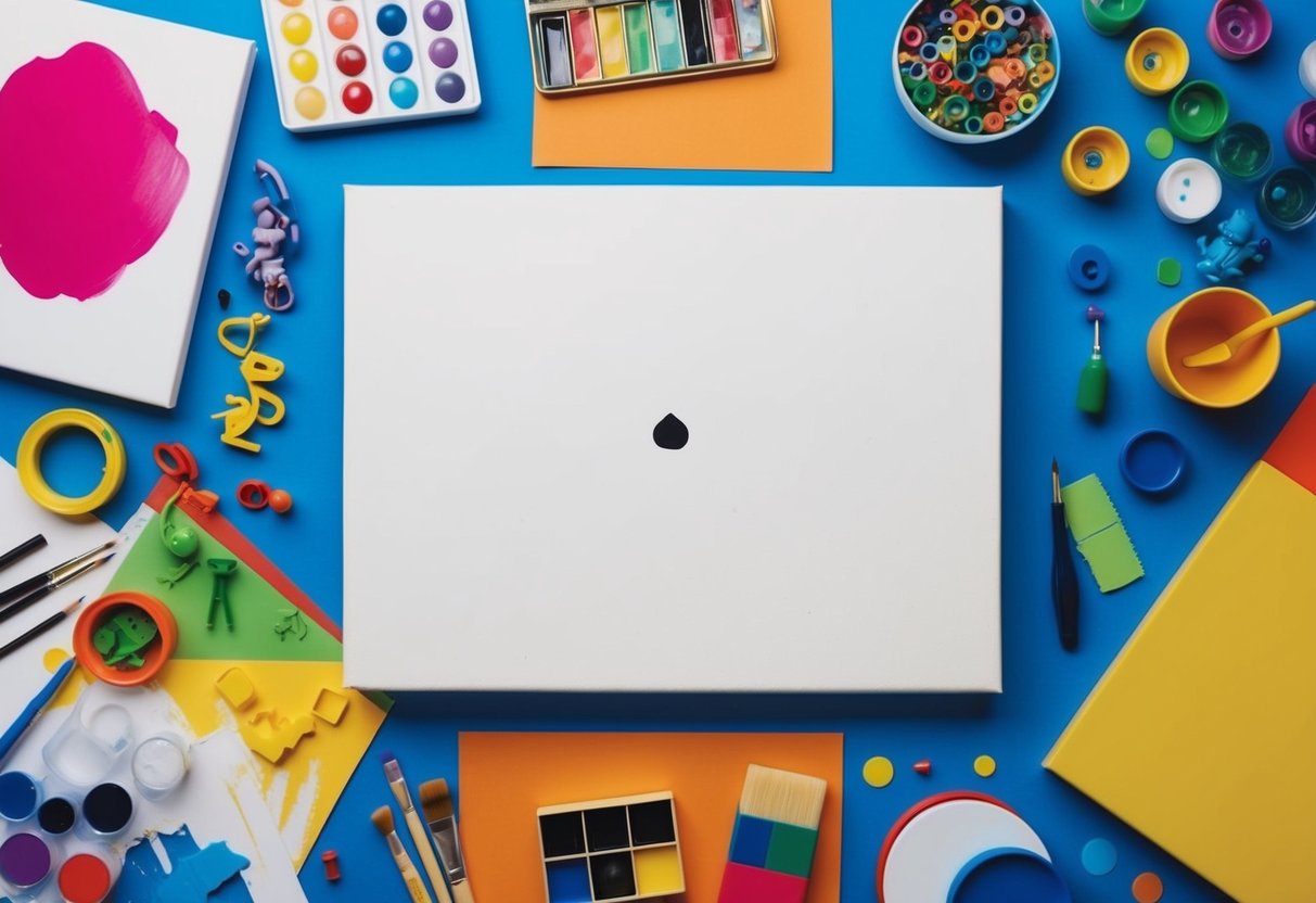 A blank canvas with a single dot in the center, surrounded by various art supplies and a child's playful imagination