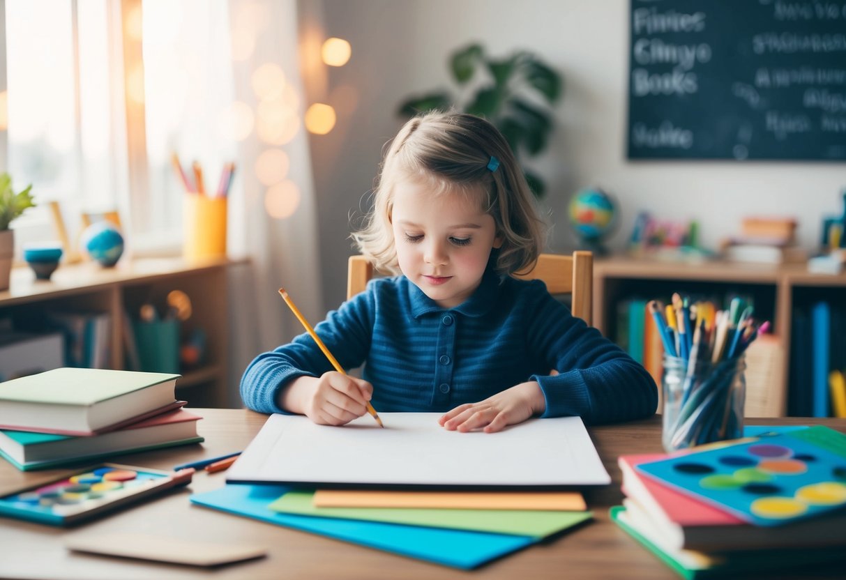 A child sits at a desk, surrounded by art supplies and books. A blank canvas or paper is in front of them, waiting to be filled with their imagination