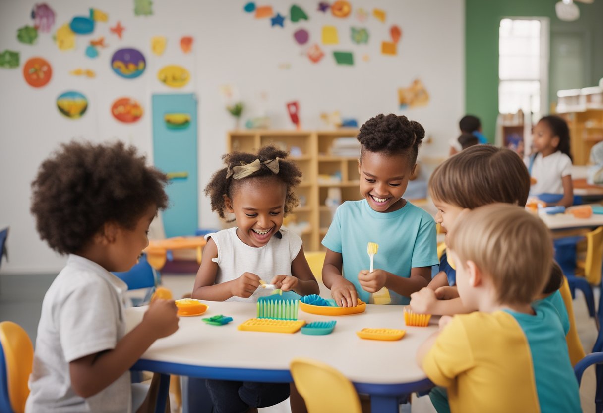 A group of preschoolers engage in dental health-themed activities, including brushing oversized teeth, sorting toothbrushes by color, and using playdough to create tooth shapes