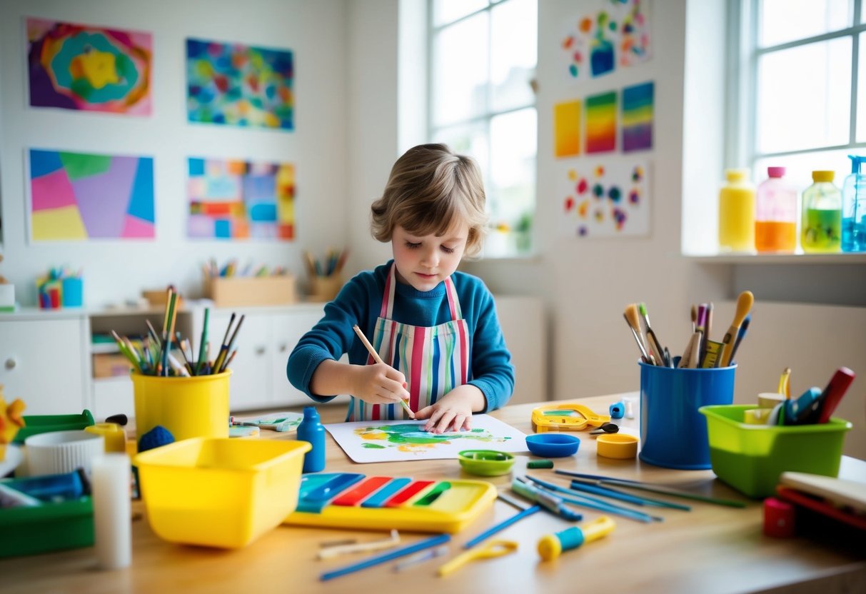 A child surrounded by various art supplies and tools, creating artwork in a well-lit and organized space, with examples of their past work displayed on the walls