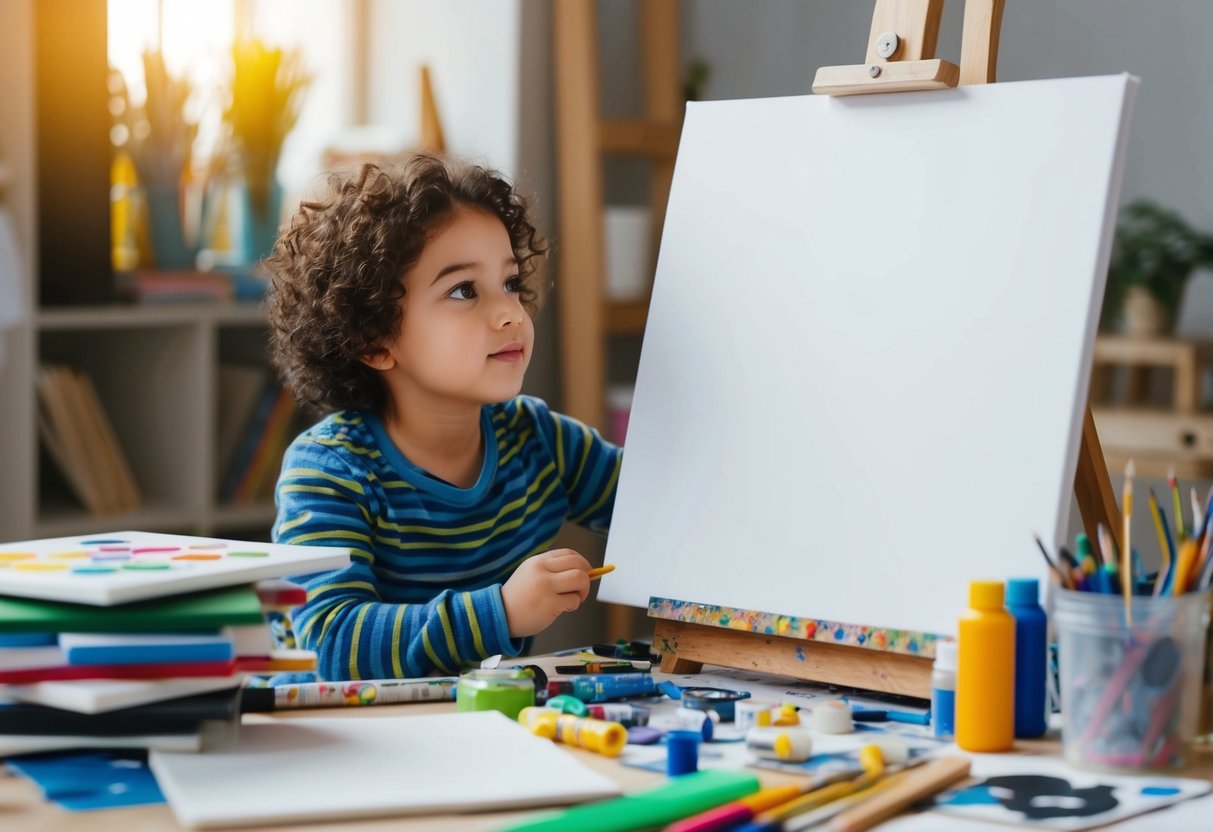 A child surrounded by art supplies, looking at a blank canvas with a thoughtful expression. A pile of unfinished projects sits nearby, as the child tries different techniques to spark creativity