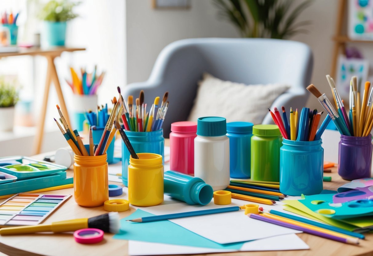 A colorful array of art supplies scattered on a table, including paint, brushes, markers, pencils, and paper. A bright, inviting space with natural light and a comfortable chair for creativity