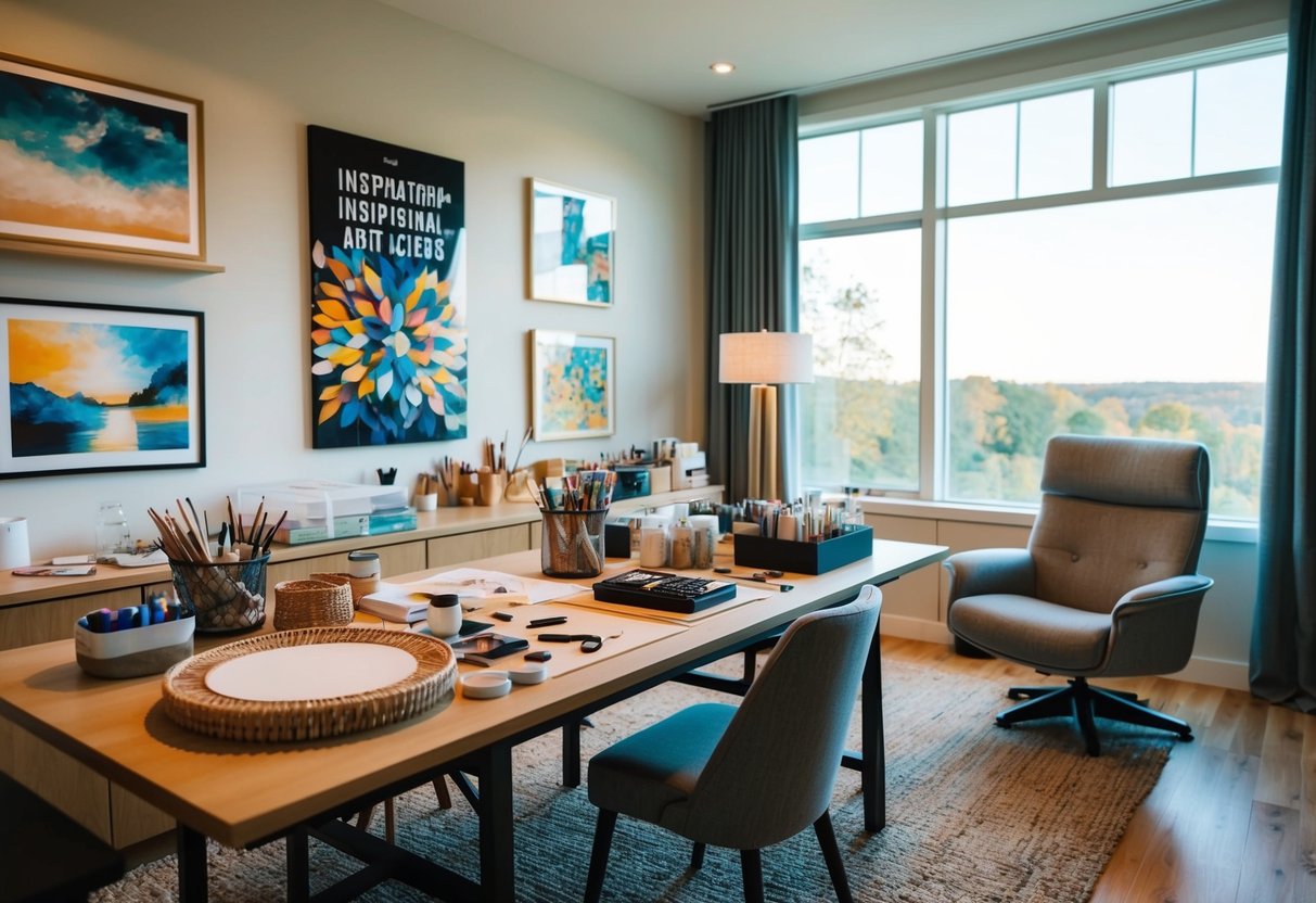 A cozy, well-lit room with a large table, art supplies neatly organized, inspirational artwork on the walls, a comfortable chair, and a window with a view of nature