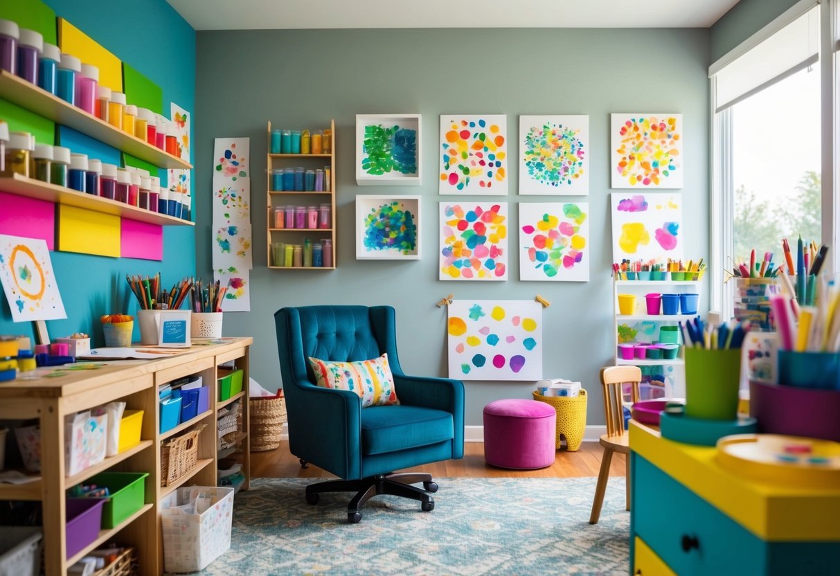 A cozy, well-lit art studio filled with colorful supplies and inspiring artwork on the walls. A child's artwork is proudly displayed, and a comfortable chair invites creativity