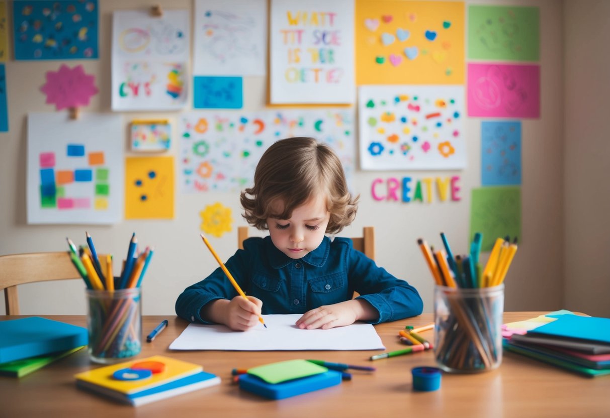 A child sits at a desk surrounded by art supplies. They stare at a blank page, while colorful drawings and doodles cover the walls, showing their creative potential