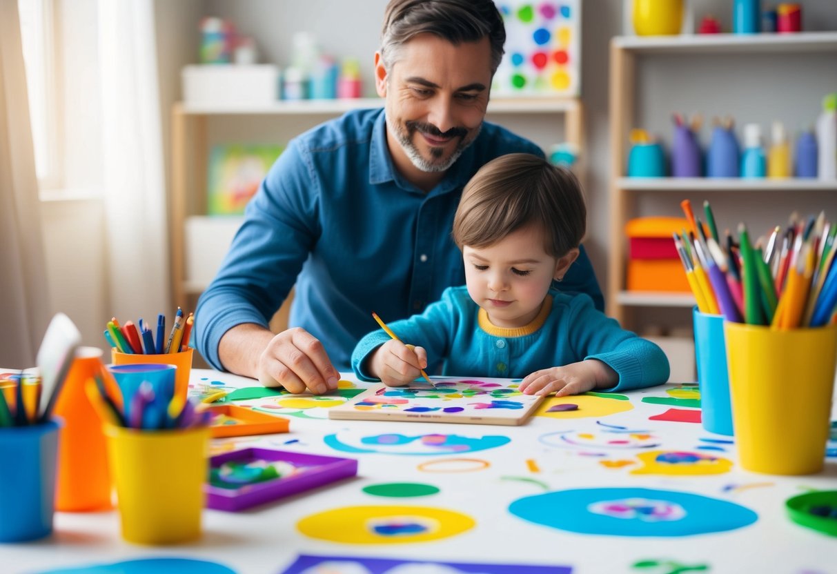 A child surrounded by colorful art supplies, sitting at a table covered in drawings and paintings. A proud parent looks on as the child creates a new masterpiece