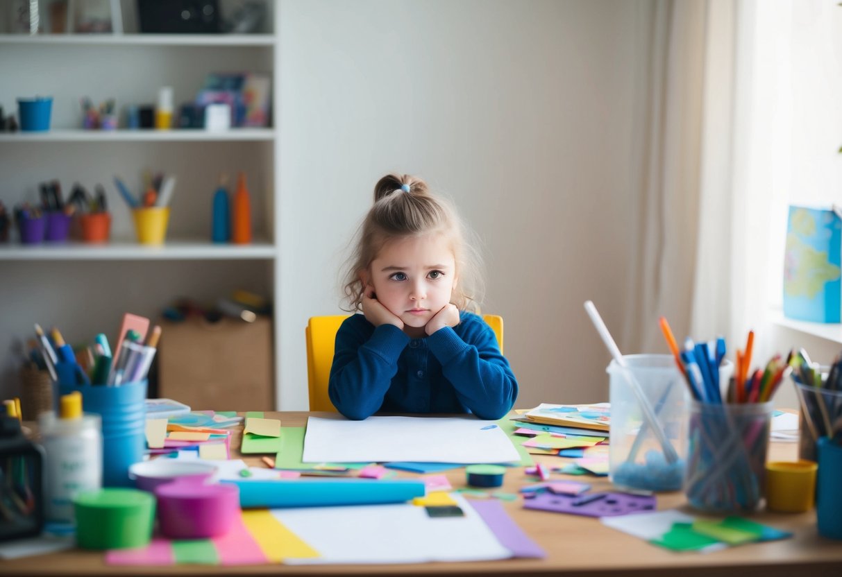 A child sits at a cluttered desk, surrounded by art supplies. They stare at a blank page, deep in thought, with a look of determination on their face