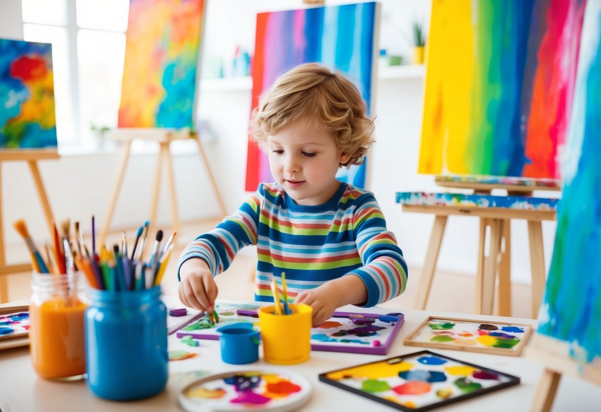 A child surrounded by colorful art supplies and paintings, eagerly creating their own artwork in a bright, spacious art studio