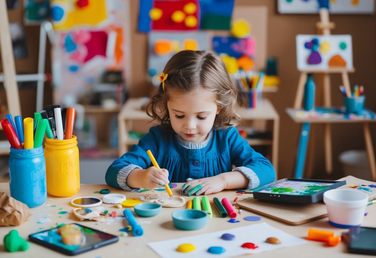 A child surrounded by various art supplies, experimenting with paint, clay, markers, collage materials, and digital drawing tools