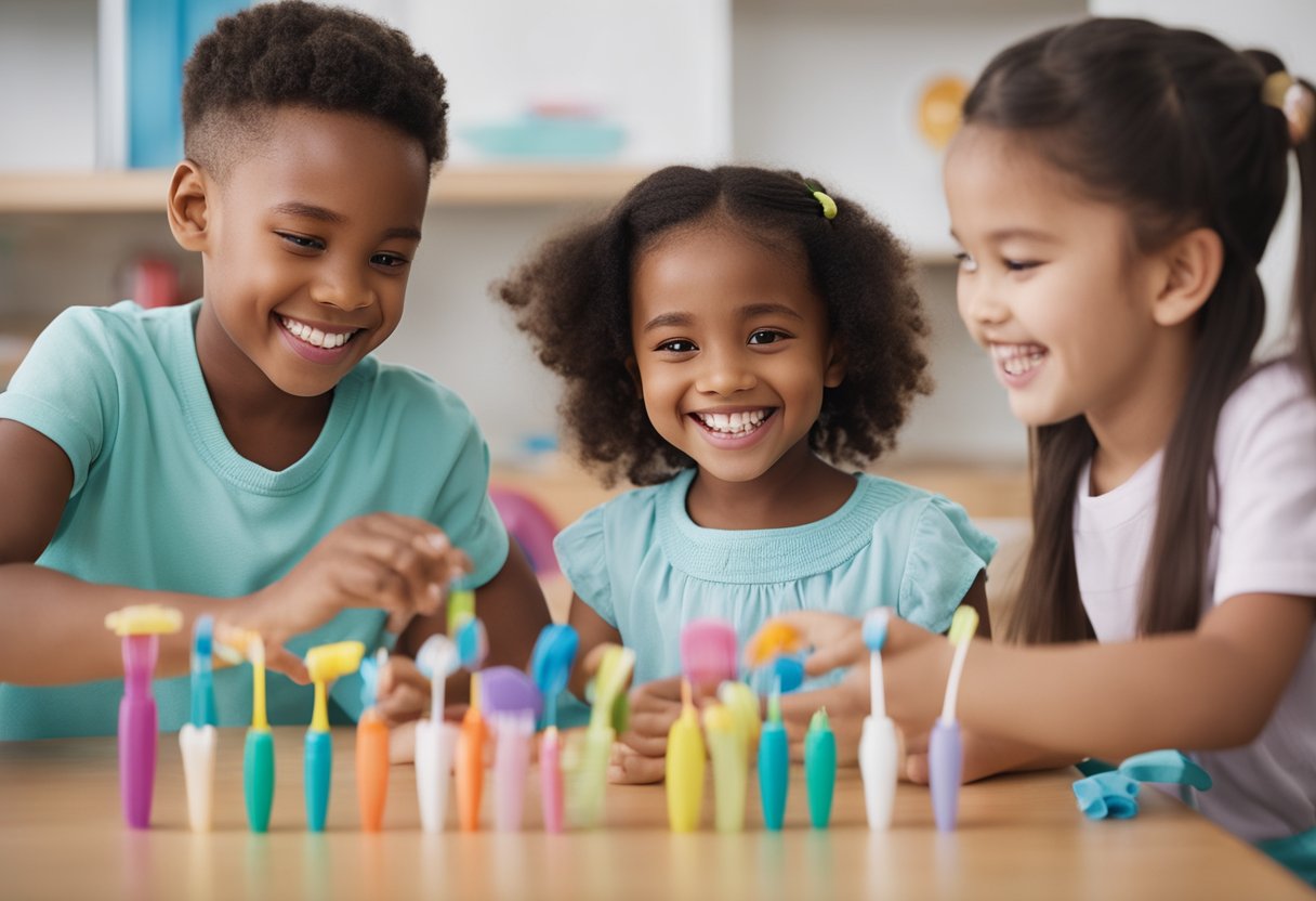 A group of preschoolers gather around a table, experimenting with toothbrushes, floss, and models of teeth. A teacher guides them through dental health activities