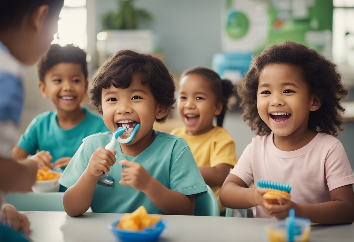 A group of preschoolers engage in dental health activities, including brushing teeth, flossing, and learning about healthy foods for their teeth