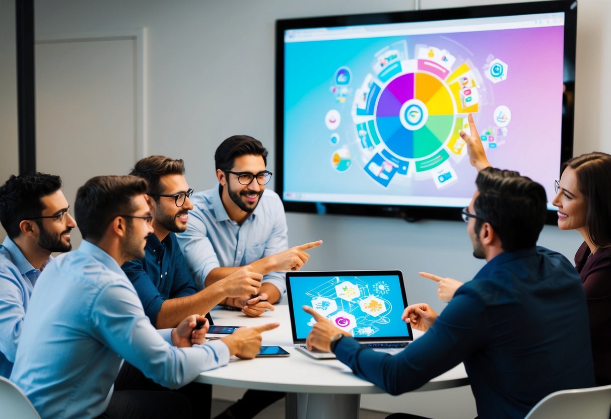 A group of individuals gather around a table, pointing and gesturing towards a colorful and dynamic creative project displayed on a screen. They engage in a lively discussion, exchanging ideas and feedback