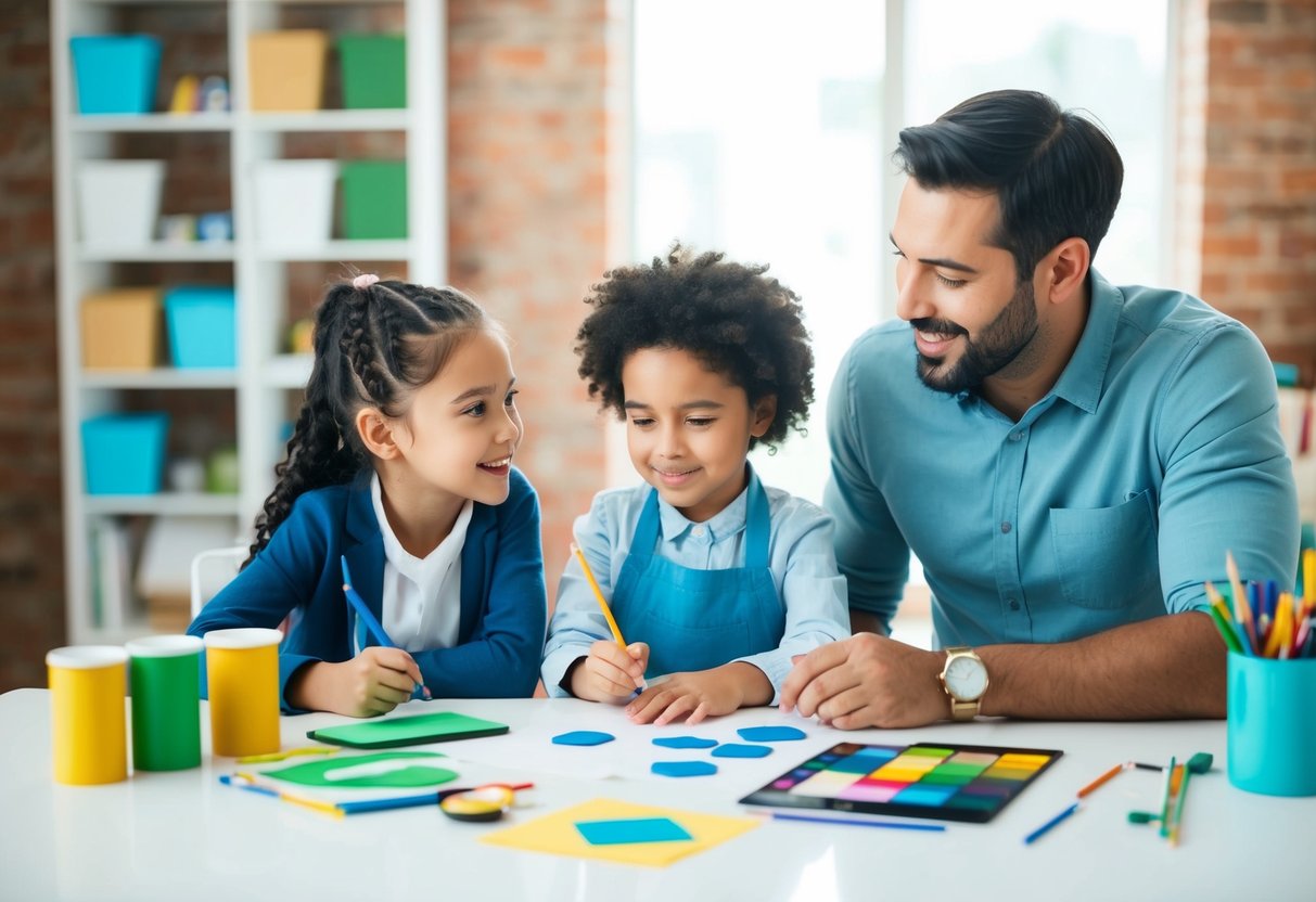 A child and parent sit at a table, surrounded by art supplies. They discuss and plan creative goals together, using visual aids and brainstorming techniques