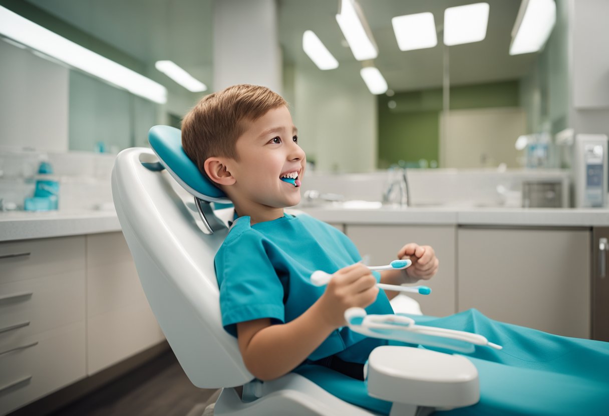 Children brushing teeth, flossing, and visiting the dentist. A toothbrush, floss, and dental chair are featured in the scene