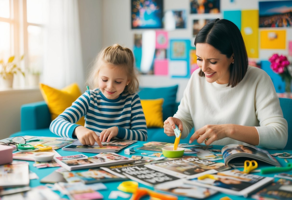 A child and adult sit at a table covered in magazines, scissors, and glue, selecting images and words to create vision boards. Bright colors and creative energy fill the room