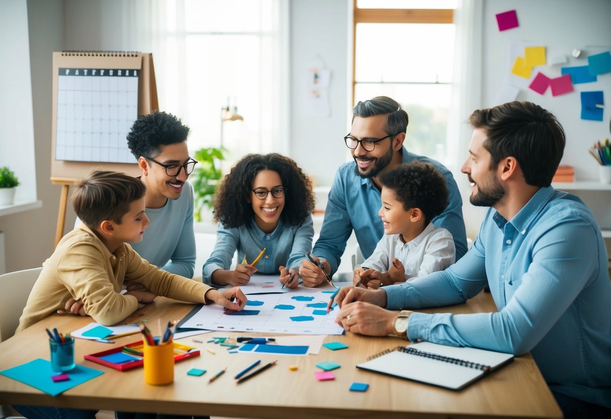 A family sitting around a table, brainstorming and setting creative goals. A calendar and art supplies are scattered around the room