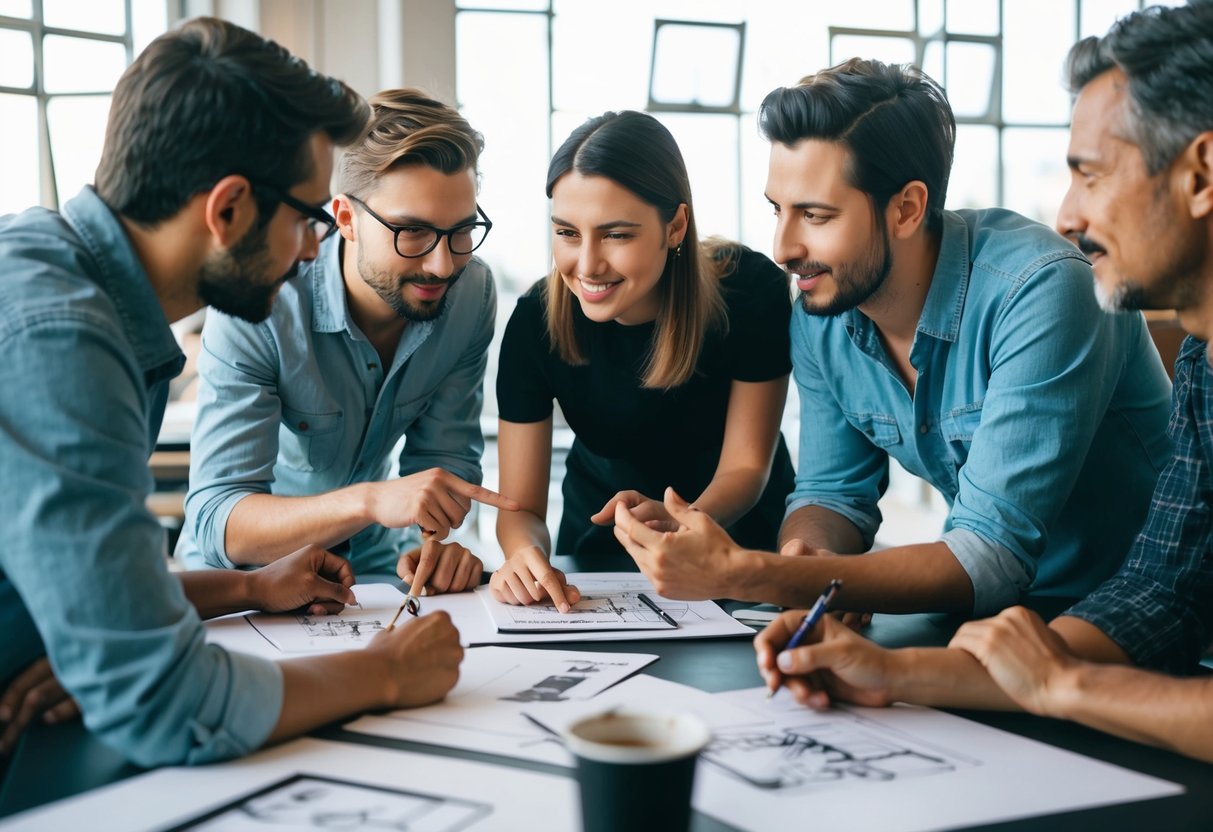 A group of artists gather around a table, exchanging sketches and discussing their work. One artist points to specific details while others nod in agreement, creating a collaborative and constructive atmosphere