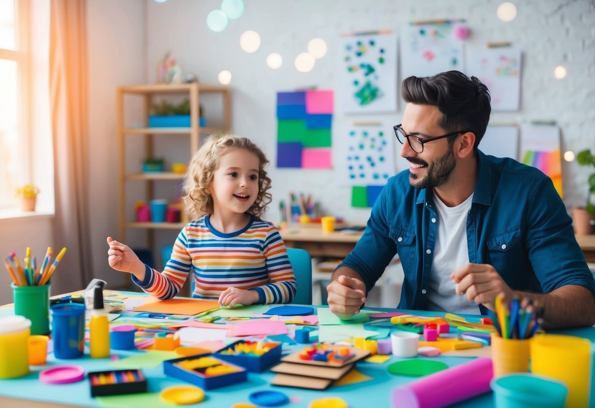 A child and adult sit at a table covered in colorful art supplies, brainstorming and setting creative goals together. The room is filled with energy and excitement as they explore different techniques for sparking wild ideas