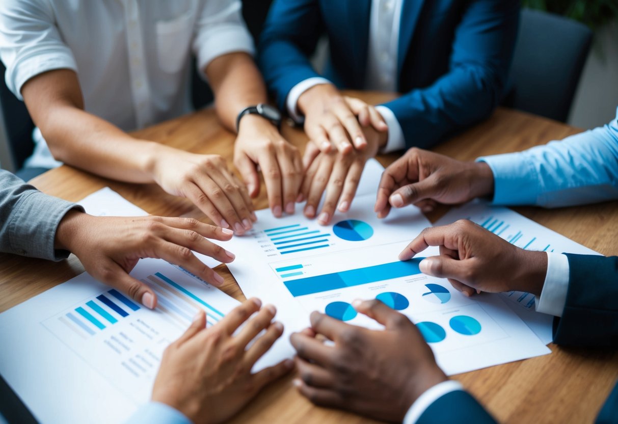 A group of hands giving feedback on a creative project, with one person leading the discussion. The focus is on the work being discussed, not the individuals