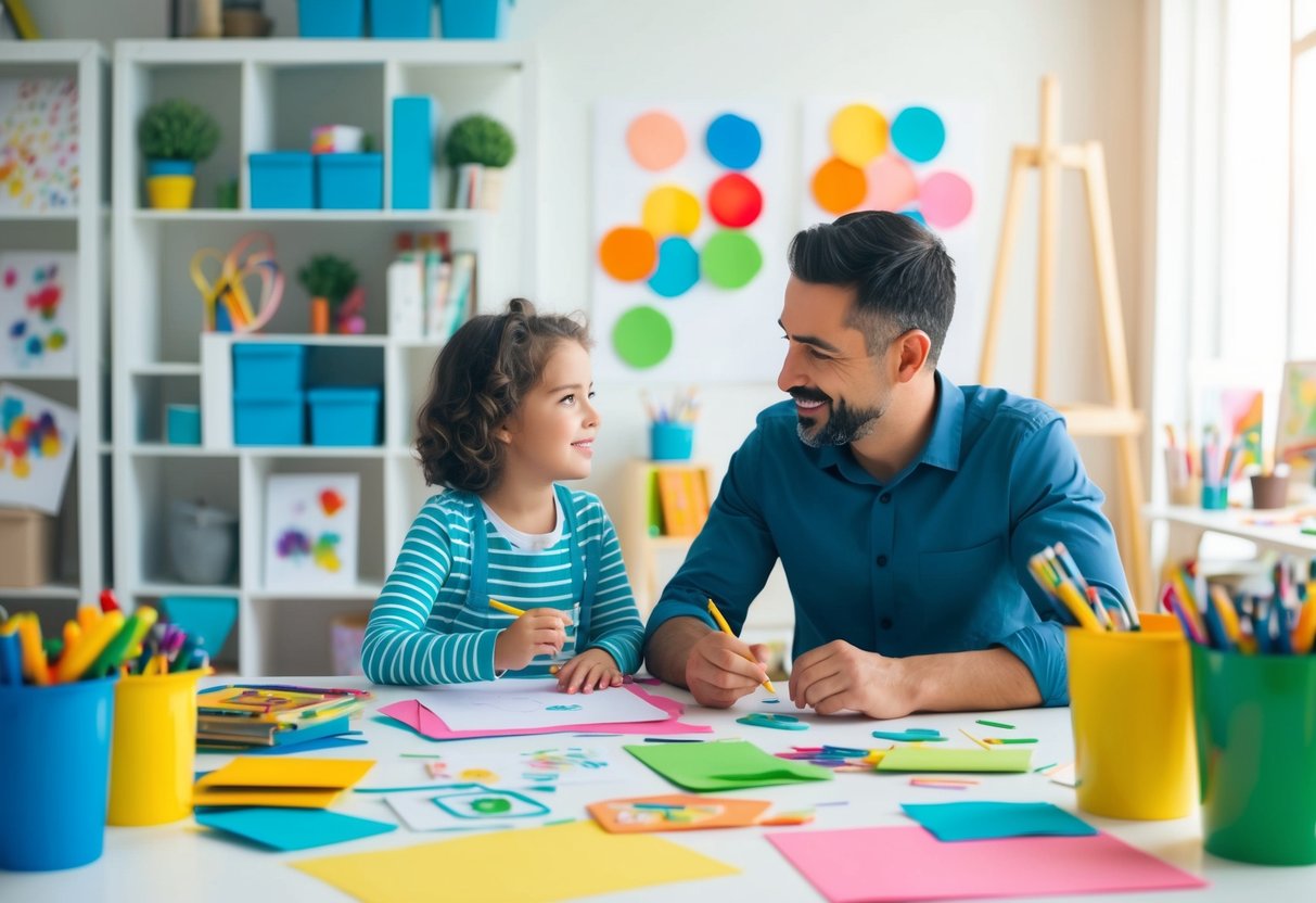 A child and adult sit at a table covered in art supplies, brainstorming and setting creative goals together. The room is filled with colorful drawings and craft projects