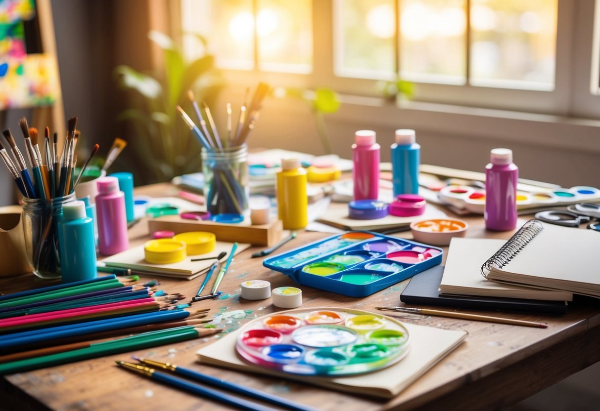 A colorful array of art supplies scattered across a wooden table, including paintbrushes, pencils, sketchbooks, and a vibrant palette of paints. Sunlight streams in through a nearby window, casting a warm glow over the creative space