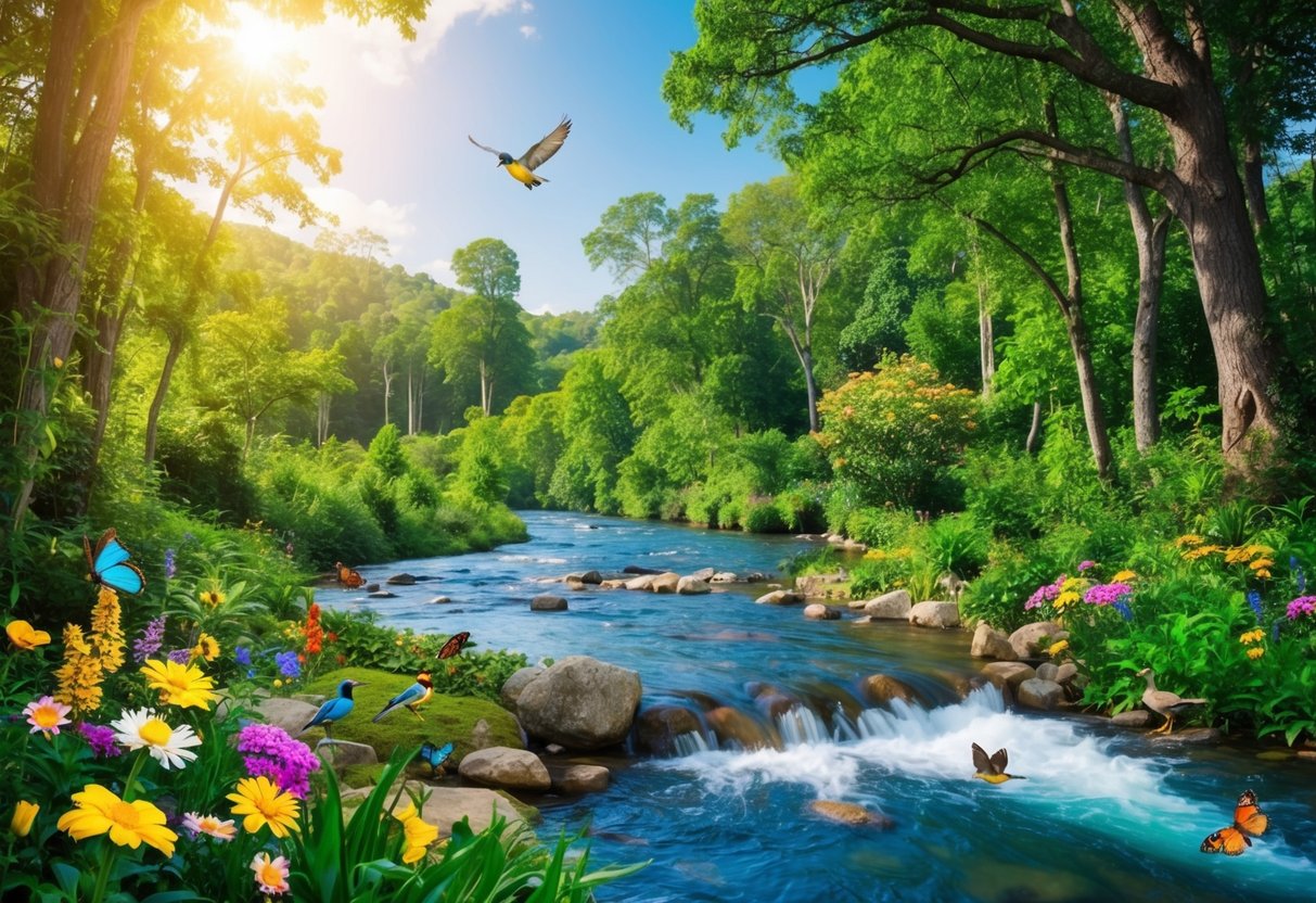 A lush forest with a flowing river, colorful flowers, and diverse wildlife, including birds, butterflies, and small animals. The sun is shining, and the sky is clear