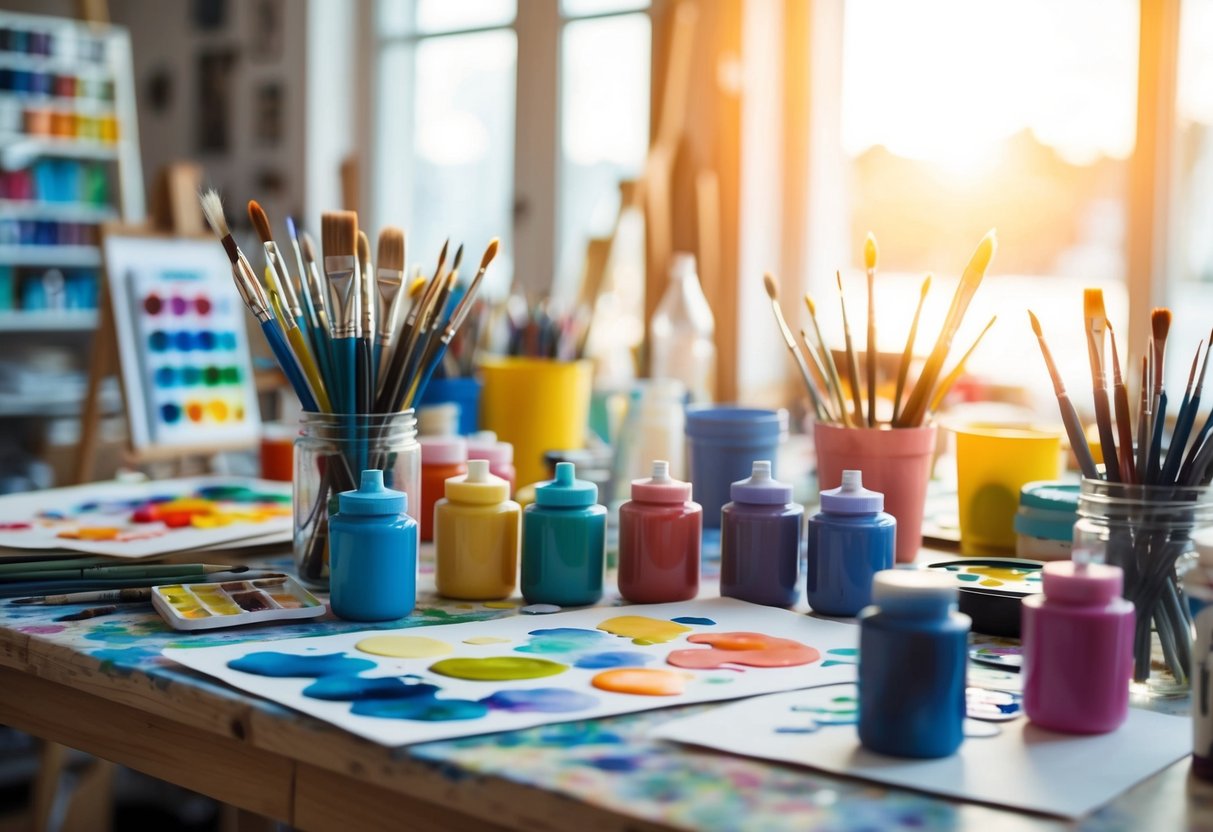 A cozy, sunlit studio filled with colorful paints, brushes, and paper. A table is set up for watercolor painting, with various art supplies scattered around