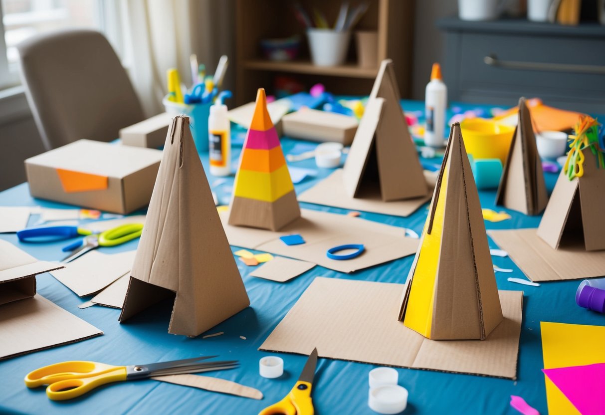 A table covered in cardboard, scissors, and glue. Various cardboard sculptures in progress, some painted or decorated. Bright, colorful art supplies scattered around