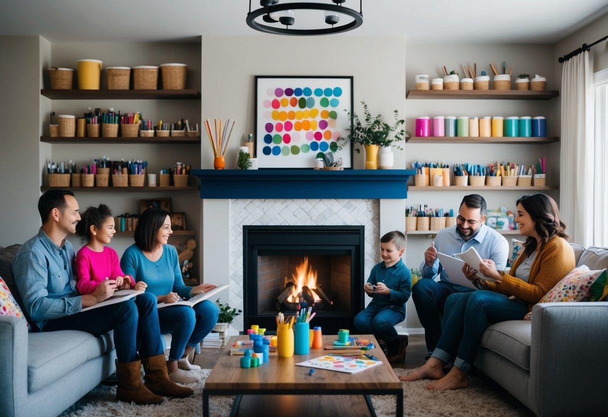 A cozy living room with a crackling fireplace, shelves filled with colorful art supplies, and a family gathered around sharing stories and creating art together