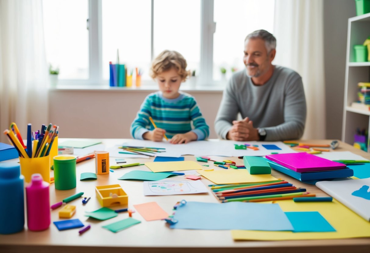 A child's desk cluttered with colorful art supplies, scattered drawings, and a half-finished project, with a proud parent observing from a distance