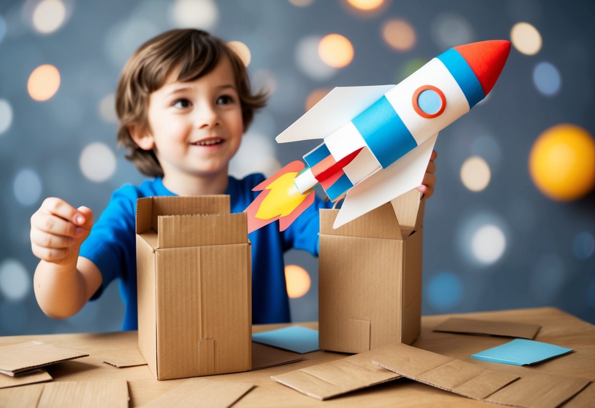 A child building a rocket ship out of cardboard boxes and pretending to fly to outer space, surrounded by imaginative play scenarios