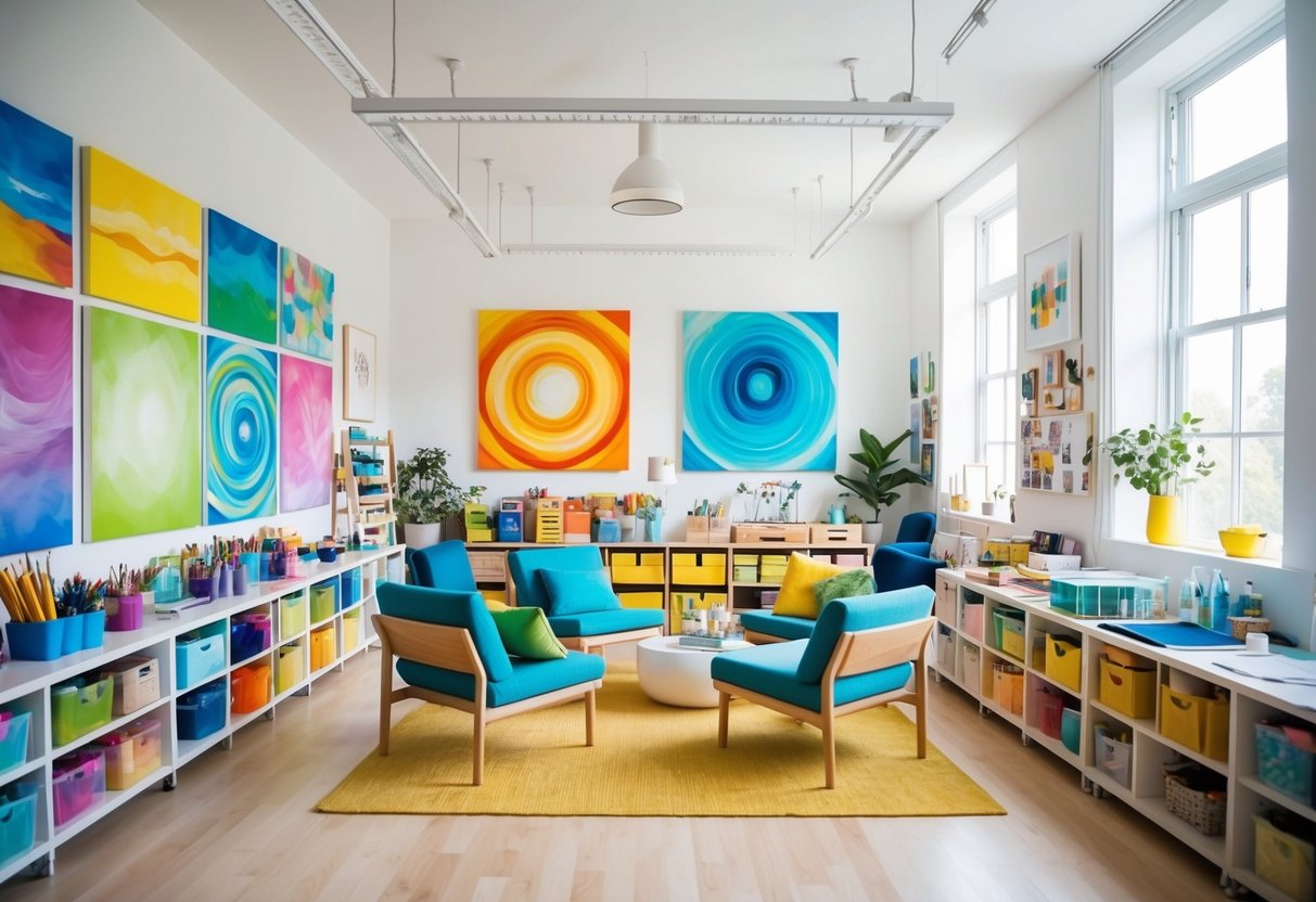 A bright, spacious studio filled with natural light, colorful artwork on the walls, comfortable seating, and a variety of art supplies neatly organized on shelves