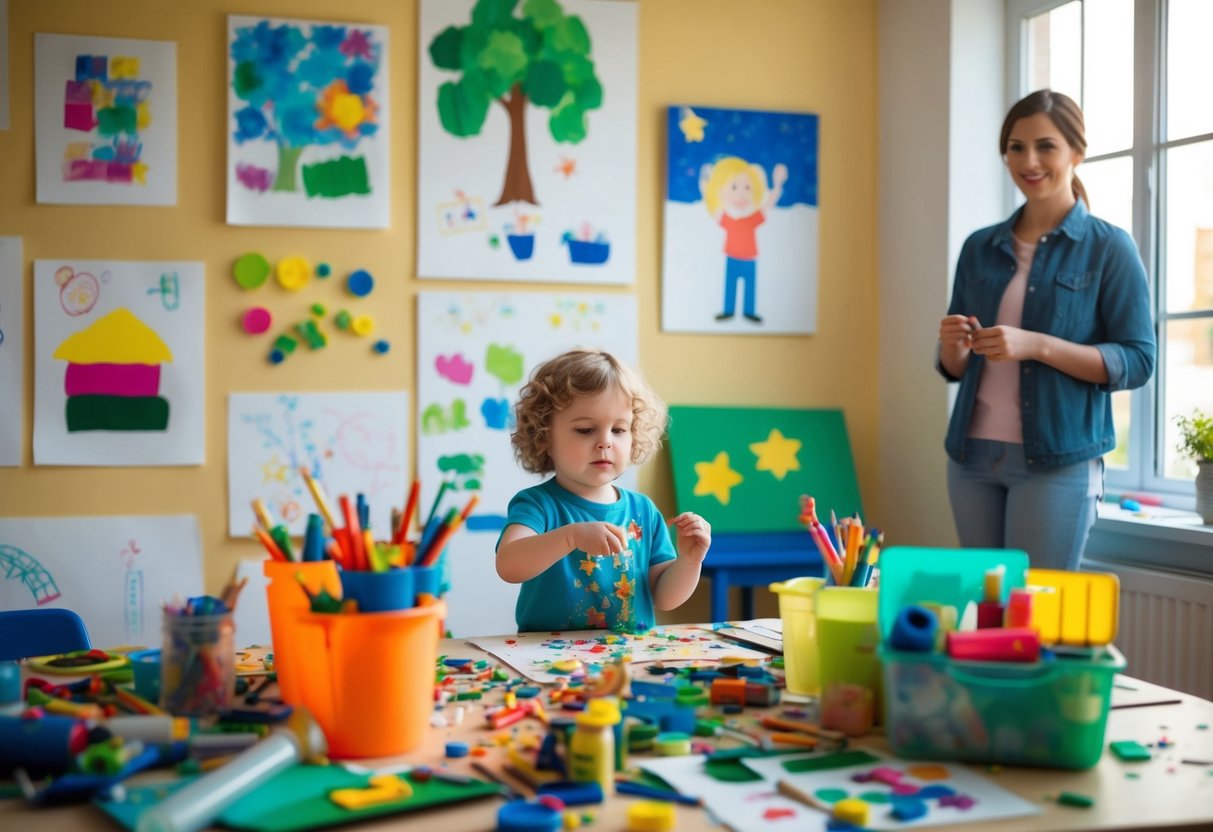 A child's messy yet colorful art supplies scattered on a table, with drawings and paintings displayed on the walls and a proud parent looking on