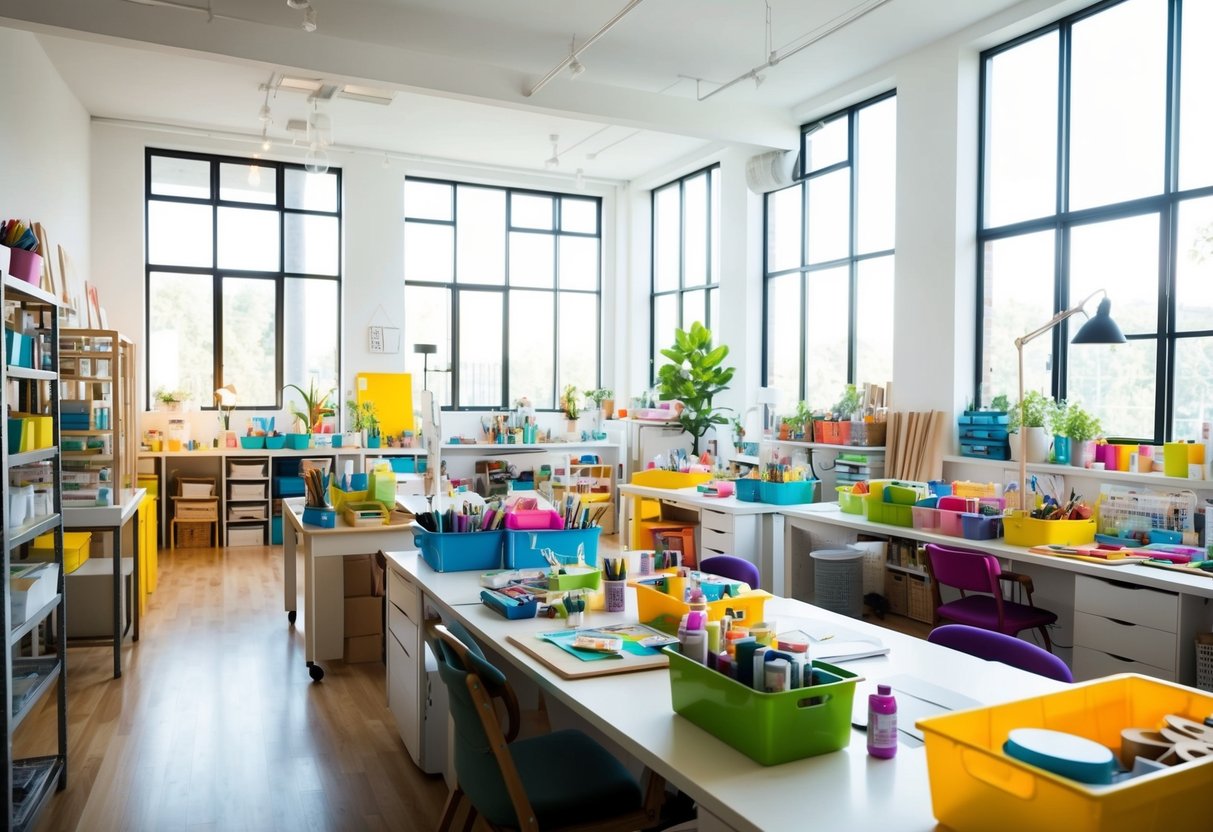 A bright, spacious studio filled with colorful art supplies and workstations. Natural light floods in through large windows, creating a warm and inviting atmosphere for creative exploration