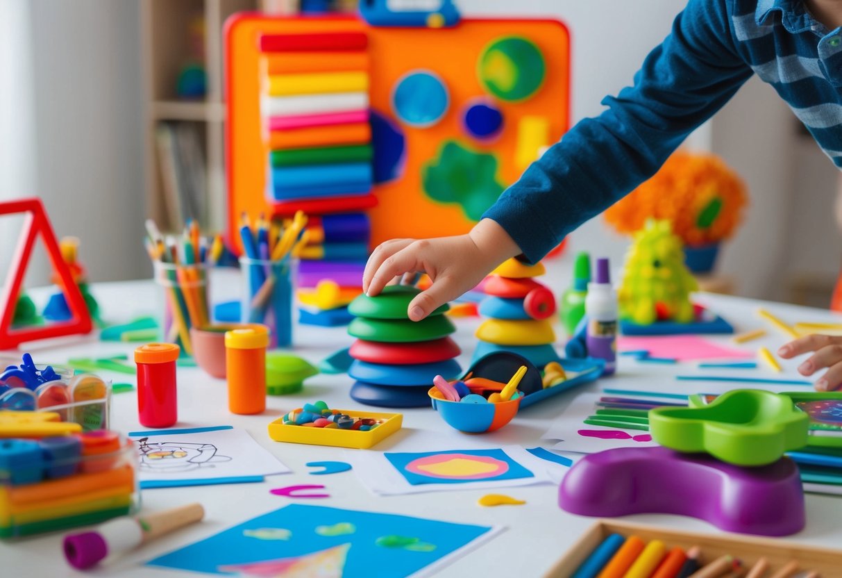 A child's hands reaching for a colorful array of art supplies, surrounded by drawings, sculptures, and imaginative creations